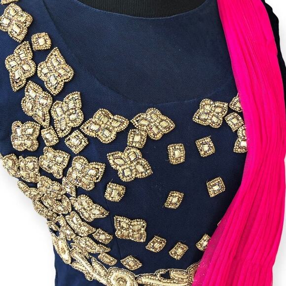 Indo-Western Gown with Attached Dupatta Gold Embellished Size Large - Picture 3 of 13